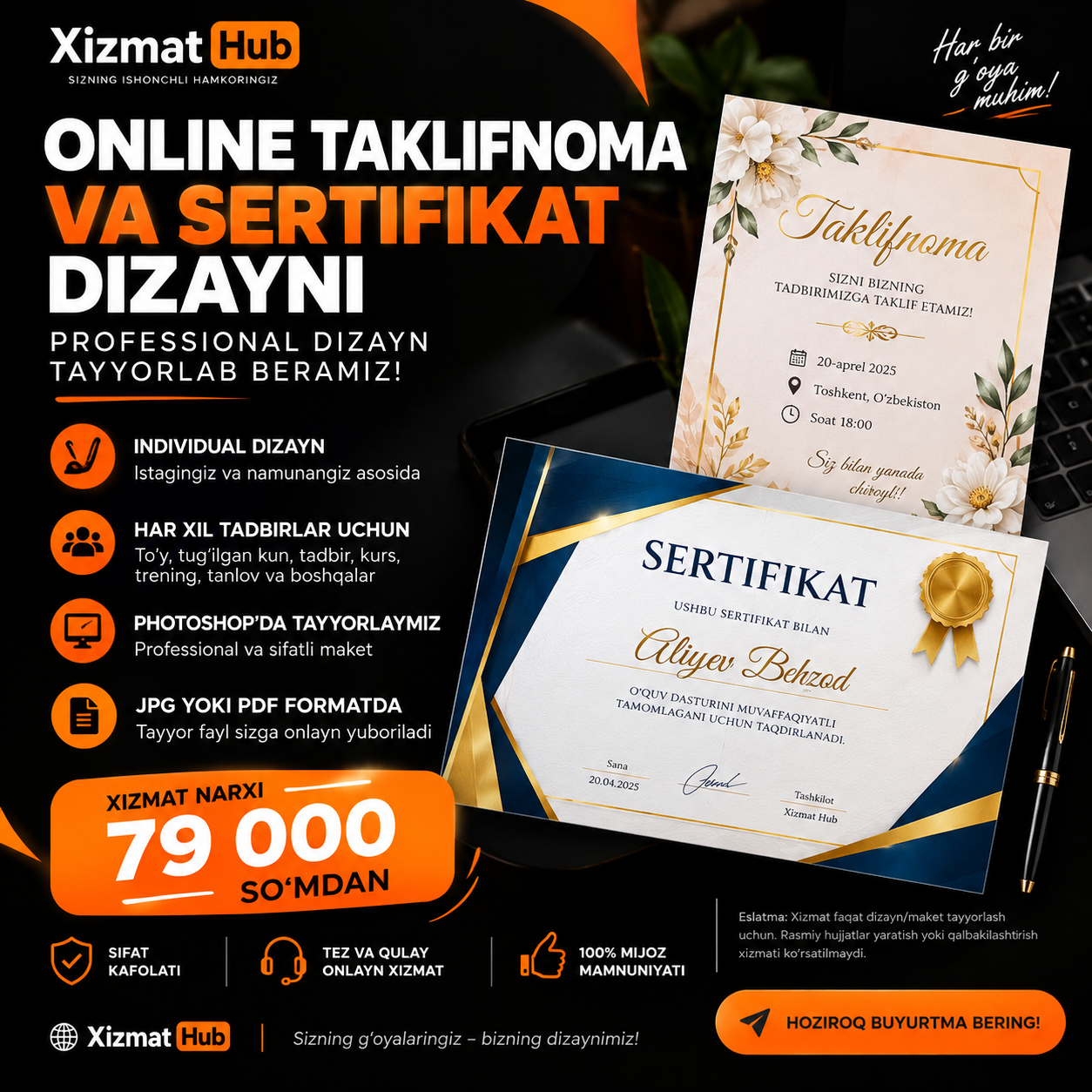 Taklifnoma & sertifikat posti